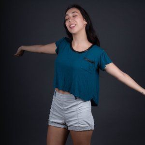 Blue crop, pleather trim